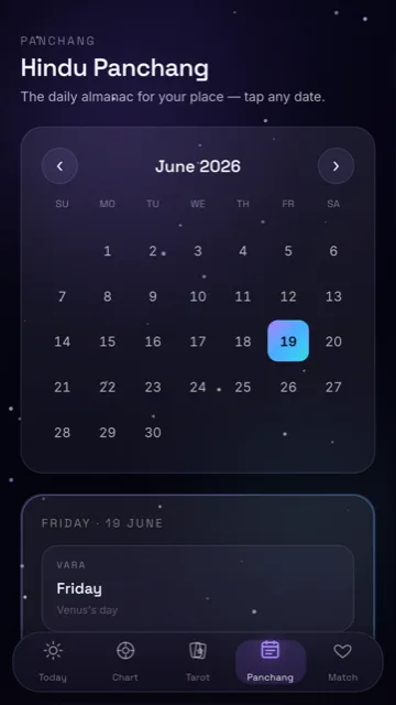 Panchang calendar with tithi and nakshatra